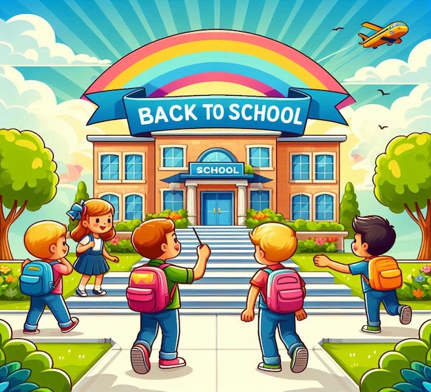 a cartoon illustration of children with backpacks and the words back to school