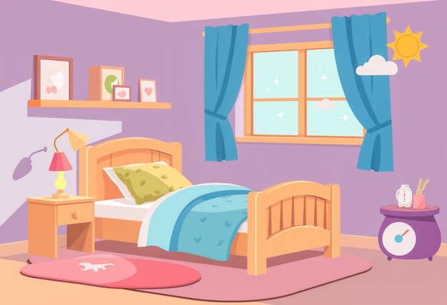 Photo a cartoon illustration of a childs bedroom with a blue bed and a window with a pink rug