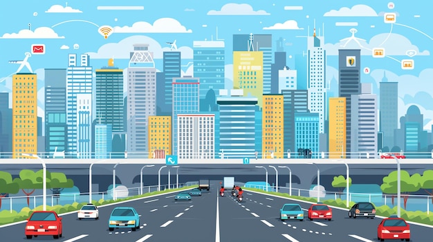 A cartoon illustration of a city skyline with a highway in the foreground