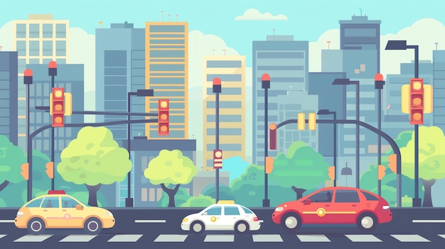 Photo cartoon illustration of a city street with traffic lights cars and buildings