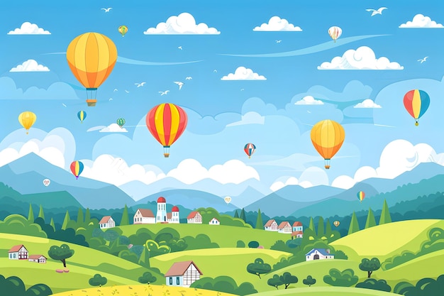 Photo cartoon illustration of colorful hot air balloons flying over green hills