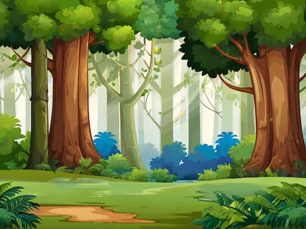 Photo a cartoon illustration of a forest with trees and bushes