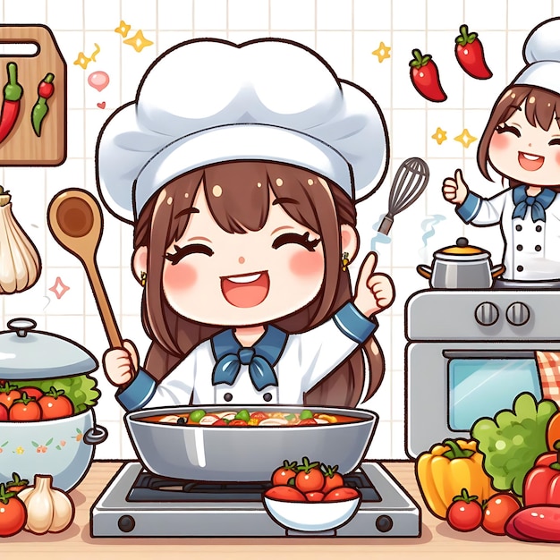 Photo a cartoon illustration of a girl cooking in a kitchen with a pan of food