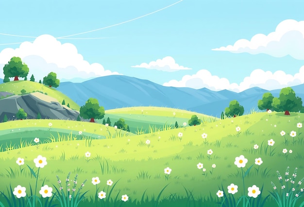 Photo cartoon illustration of a green grassy field with white flowers