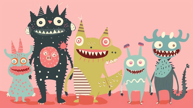 Photo cartoon illustration of a group of friendly monsters