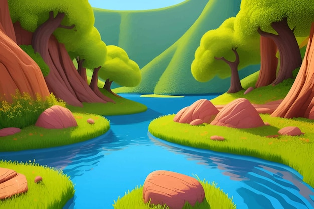 Photo a cartoon illustration of a river with trees and grass