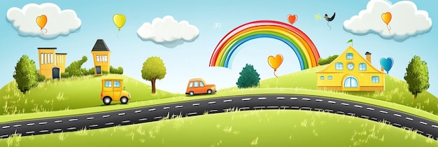 Photo a cartoon illustration of a road and a rainbow