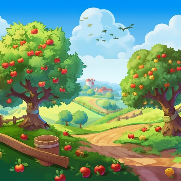 cartoon illustration of a rural landscape with apple trees and a road generative ai