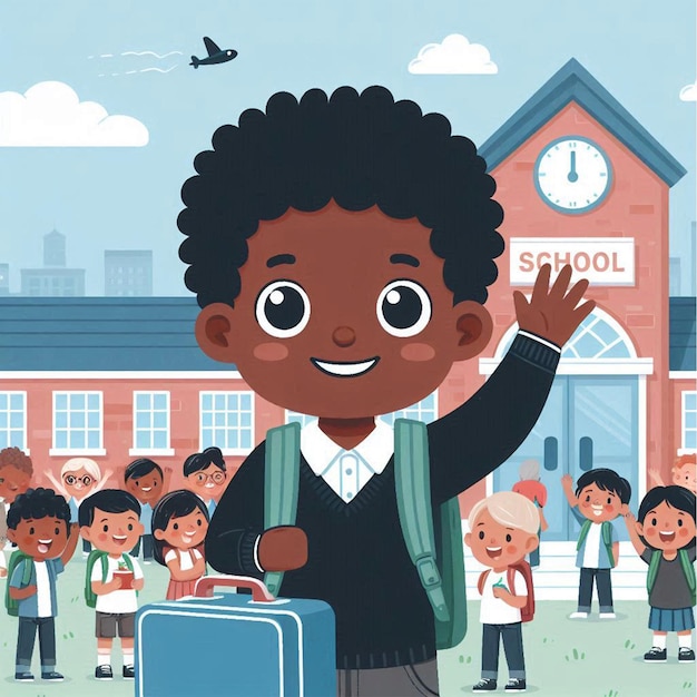 Photo a cartoon illustration of a school with a boy waving and a school sign saying school