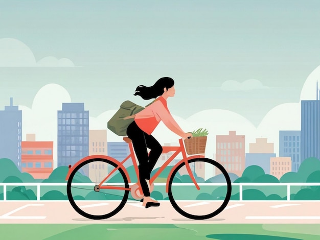 Photo a cartoon illustration of a woman riding a bike with a basket of vegetables in the background