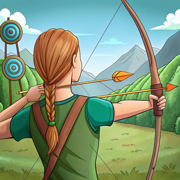 Photo a cartoon illustration of a woman with a bow and arrow pointing to the sky