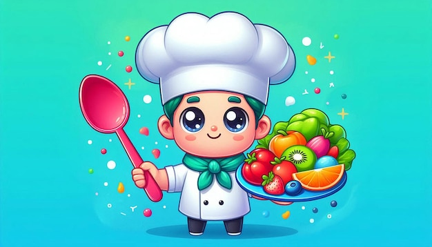 Photo a cartoon image of a chef with a bowl of fruit and vegetables