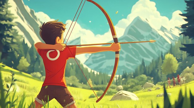 Photo a cartoon image of a man with a bow and arrow pointing to the sky