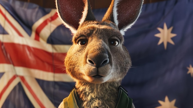 Photo a cartoon kangaroo wearing australian outback gear with the australian flag in the background