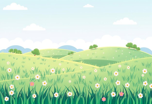 Photo cartoon landscape of green hills white clouds and flowers