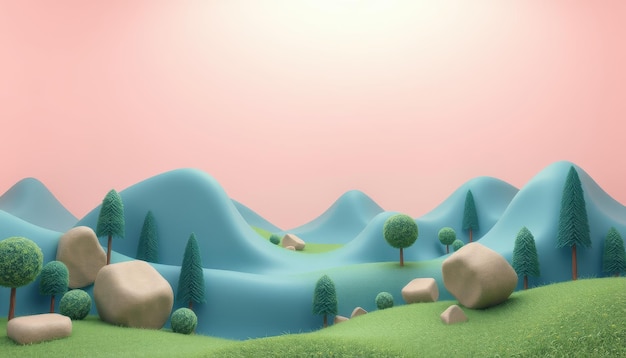 Photo cartoon landscape with blue hills green trees and rocks