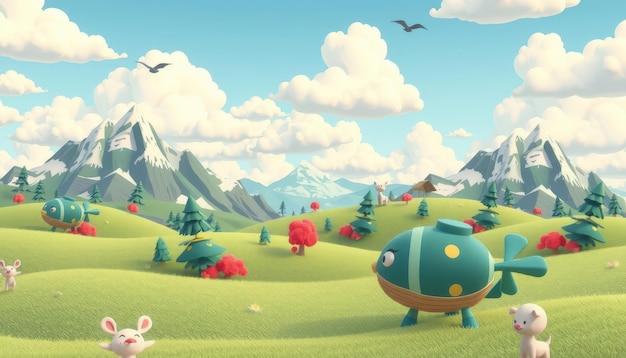 Photo cartoon landscape with mountains clouds and cute characters