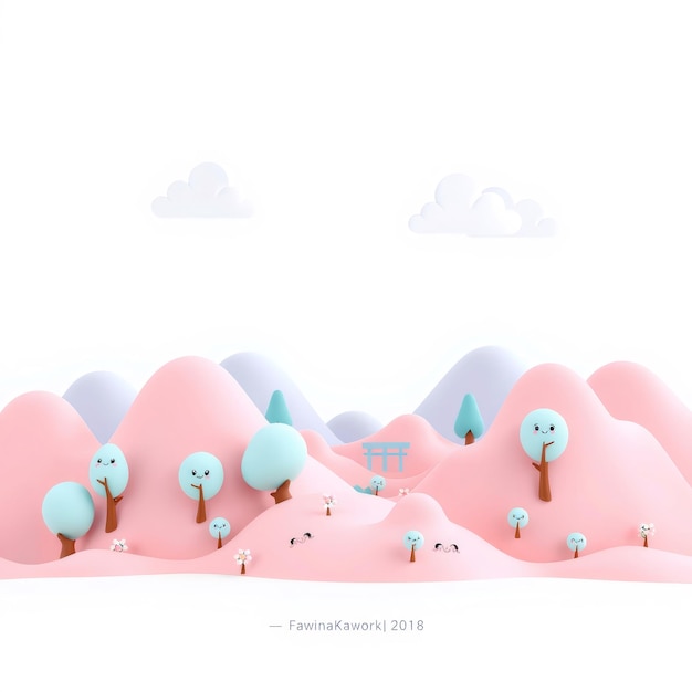 Photo cartoon landscape with pink hills and happy trees