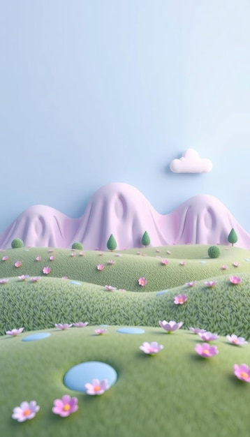 Photo cartoon landscape with pink mountains green hills and pink flowers