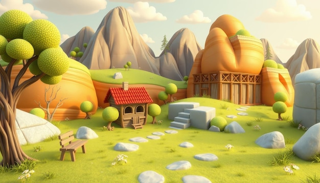 Photo cartoon landscape with a small wooden house trees and mountains