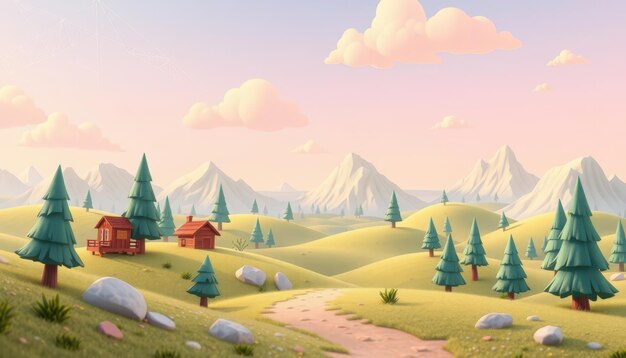 Photo cartoon landscape with two houses and mountains