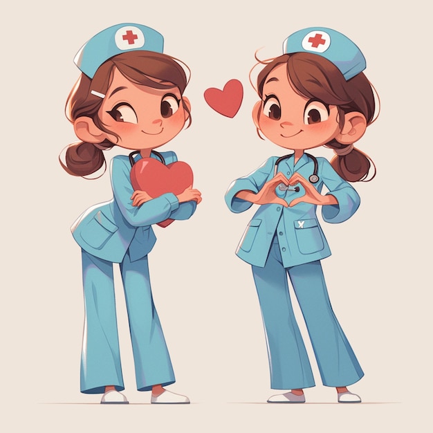 Photo cartoon nurse holding a heart and a nurse holding a heart generative ai