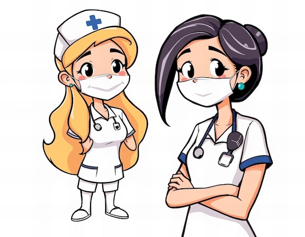 Cartoon nurse and nurse with face masks