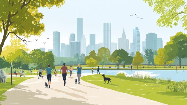 Photo a cartoon of people walking in a park with a city in the background