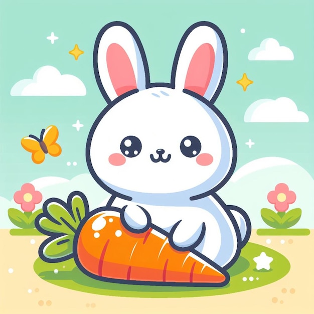 Photo a cartoon rabbit sits on a carrot with a butterfly on the background