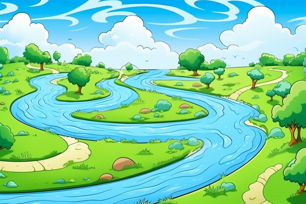 Photo a cartoon river winding through a peaceful valley