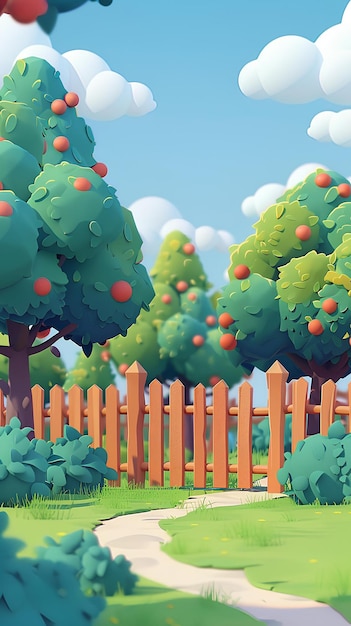 A cartoon style illustration of a garden with trees and a fence