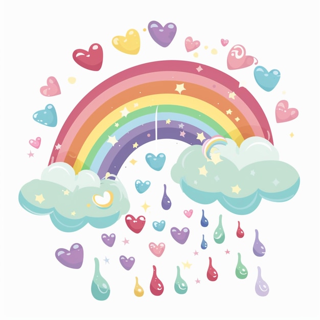 Photo cartoon style illustration of a pastel rainbow with clouds and hearts