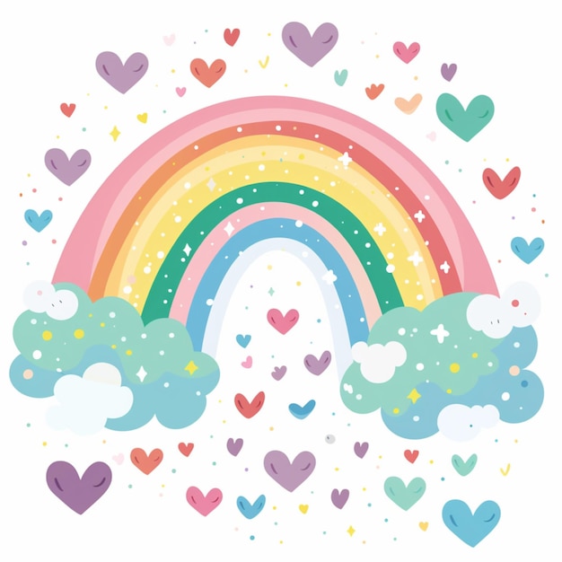 Photo cartoon style illustration of a pastel rainbow with clouds and hearts