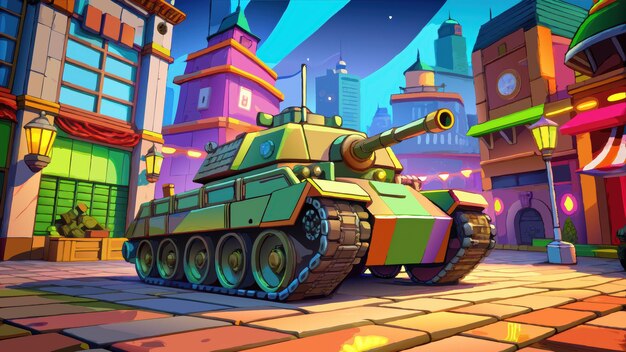 Photo cartoon tank in a city street