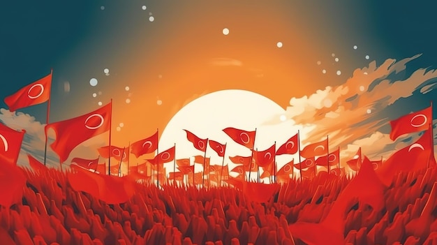 A cartoon of turkish flags in a field with a sunset in the background.