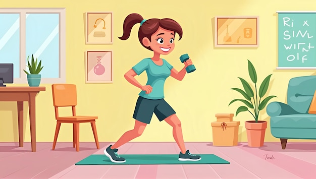 Photo a cartoon of a woman doing exercise on a mat in a room with pictures of her on the wall