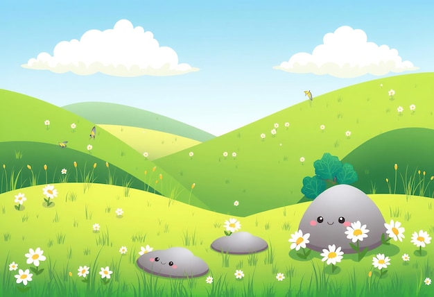 Photo cartoonstyle illustration of a cute smiling rock in a grassy meadow