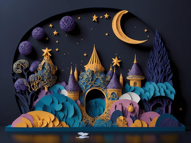 A castle in the night sky with multi layered and multi dimensional paper cut craft