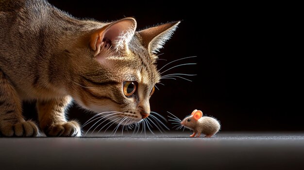 A cat curiously observes a small mouse in a dramatic lighting setup