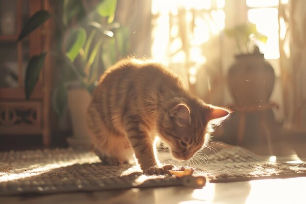 Photo a cat is happily playing with a toy in a living room on the floor