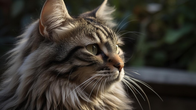 A cat with a long haircut and a green eye