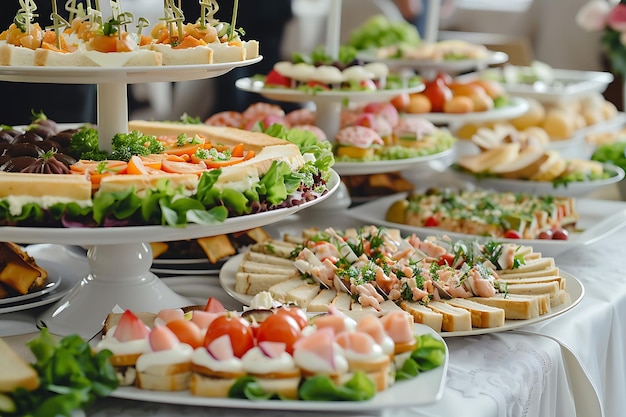 Foto buffet di catering con varietà di spuntini e pasti a tavola