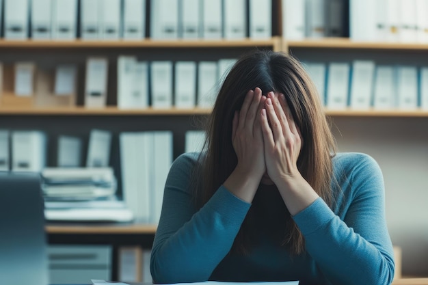 Photo caucasian woman shows stress at work