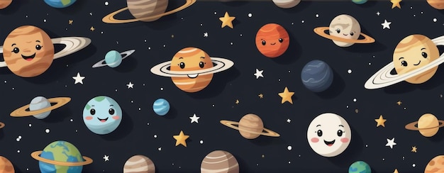 Celestial Smiles Planets with Happy Faces in Space Pattern Seamless Vector Print for Baby Textil