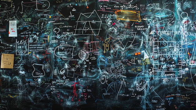 A chalkboard covered in white chalk drawings and writing with a few notes and other papers attached