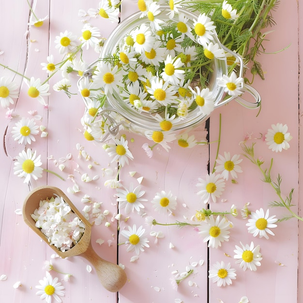 Photo chamomile flowers in glass jar and scoop on pink wooden table flat lay isolated on white