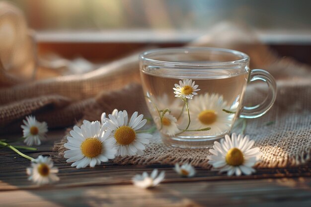 Photo chamomile tea on rustic burlap