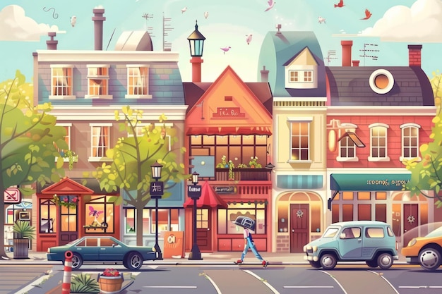 Charming Cartoon City Street With Buildings Shops and Cars