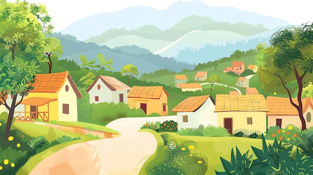 Photo a charming illustration of a village nestled among rolling hills