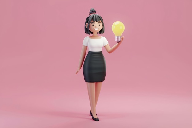 Foto un animato personaggio femminile 3d allegro che tiene in mano una lampadina luminosa